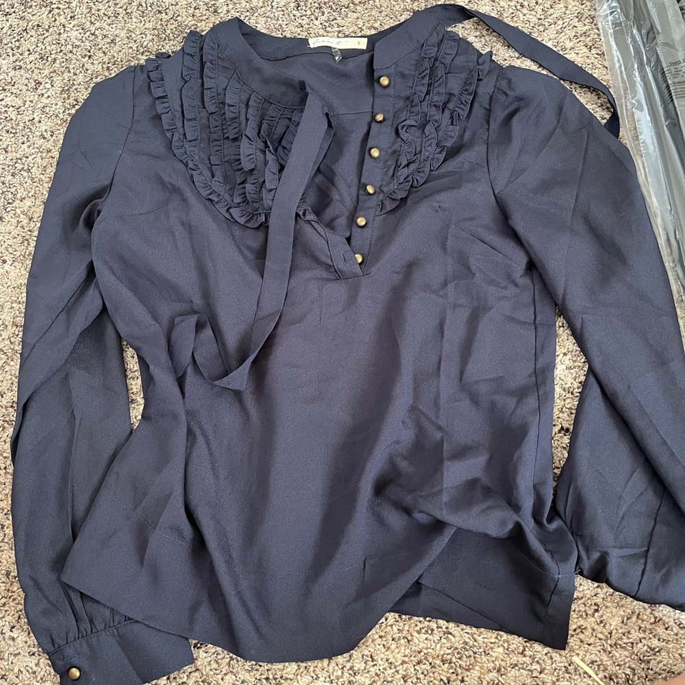 Black Long Sleeve Blouse with a Tie Neck, Small, Womens